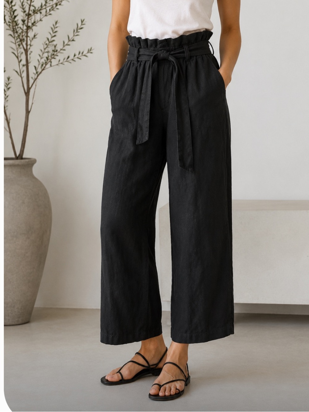 Anthropologie Amadi Linen High-Waist Paperbag Wide-Leg Pants - Black